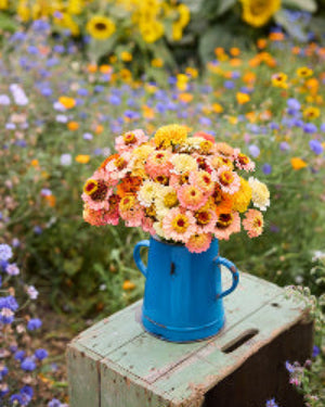 Blue vase with flowers on a wooden crate against a floral background