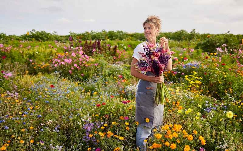 woman in wildflower field holding a bouquet of flowers